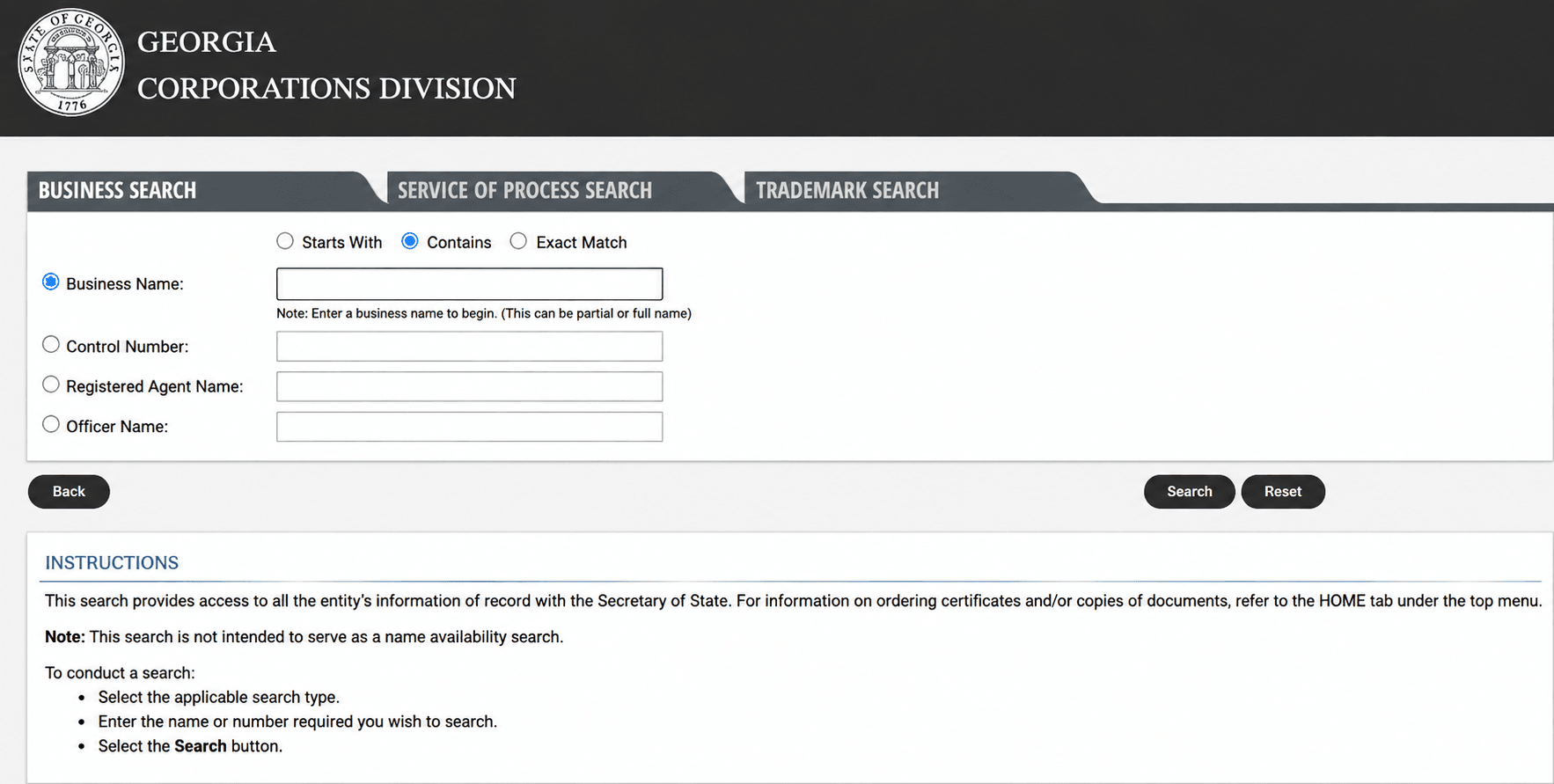 Georgia Corporations Division Search Page