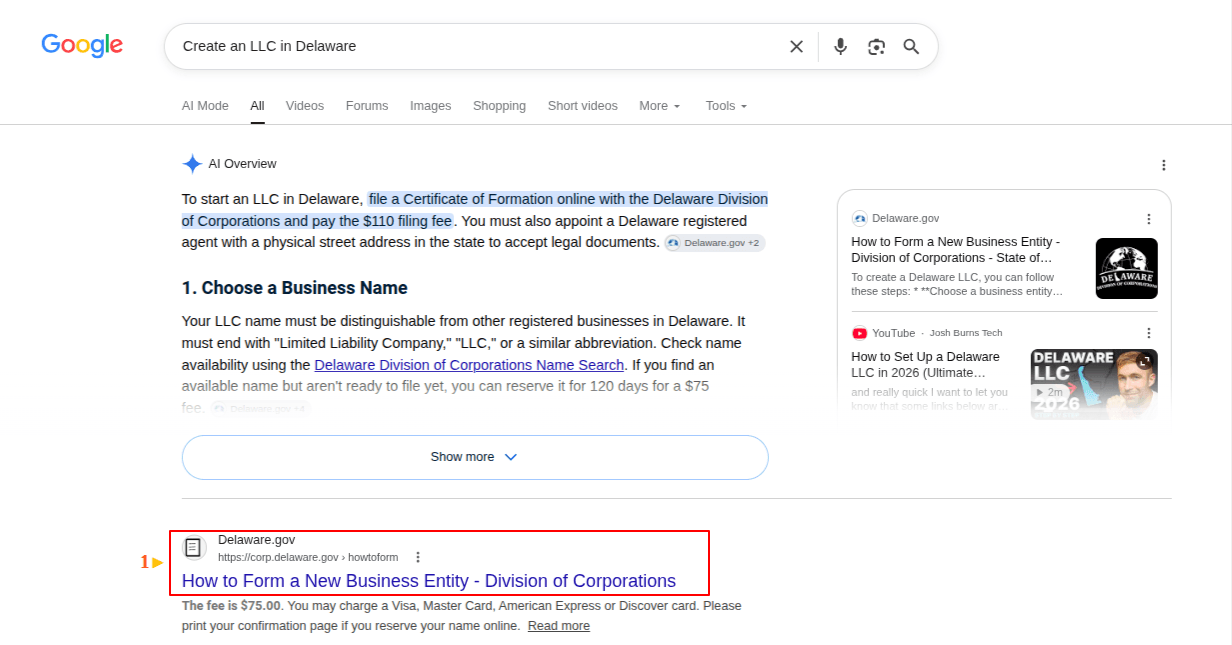 Google search results showing how to start an LLC