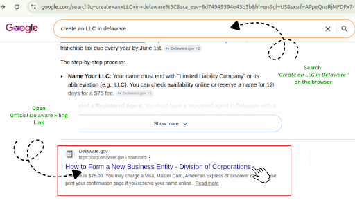 Google search results showing how to start an LLC for free through Delaware.gov's official filing page