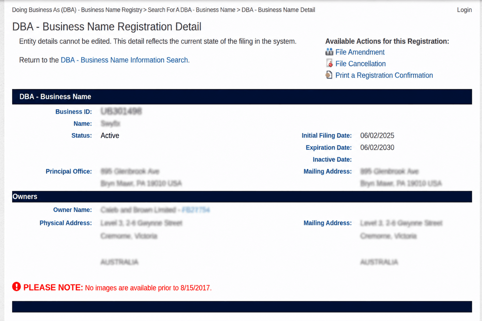 Government DBA Registration Detail Page