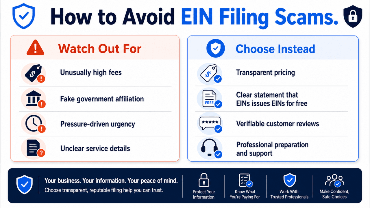 How to avoid EIN filing scams infographic showing red flags and green flags