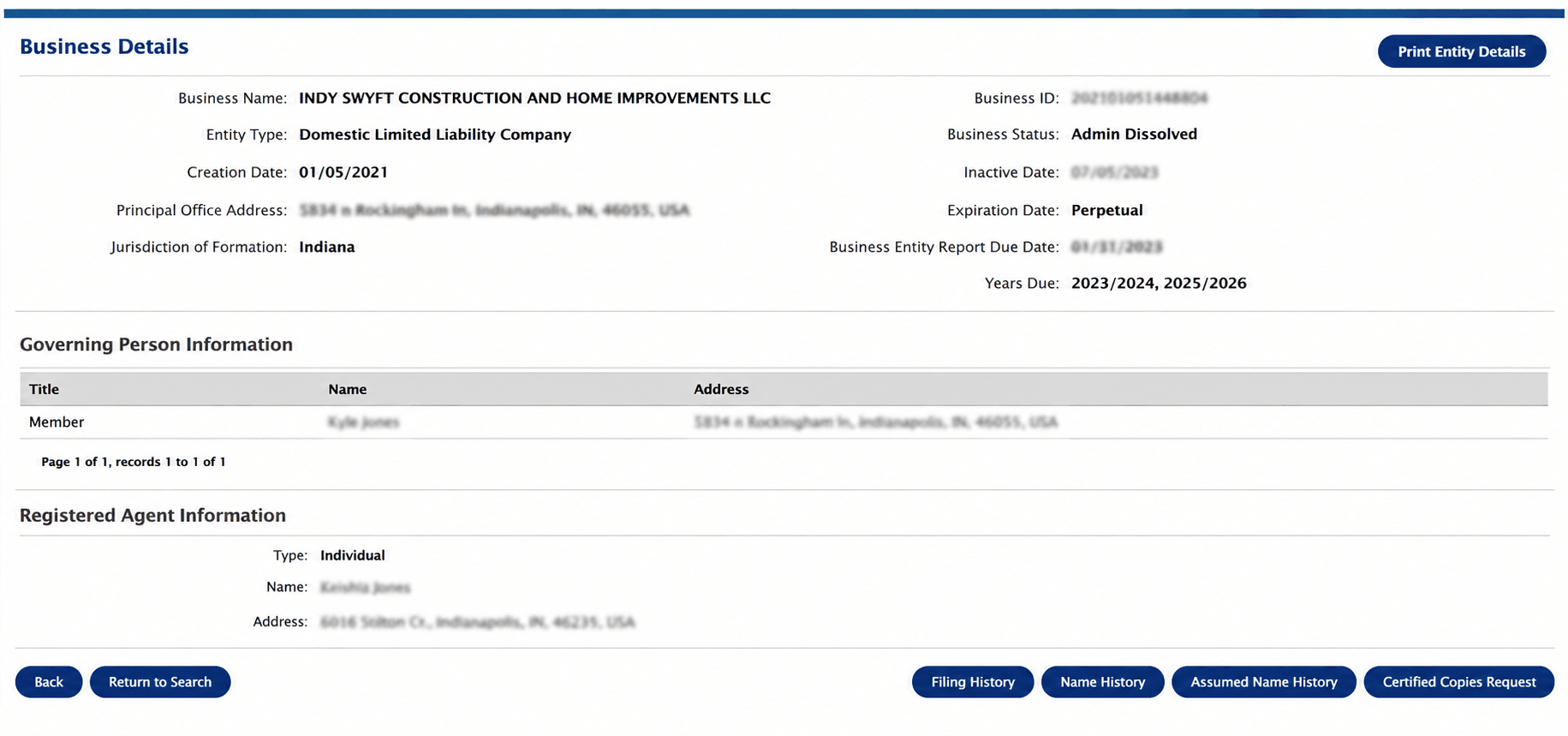 Indiana entity record showing business ID, status, formation date, registered agent, and filings