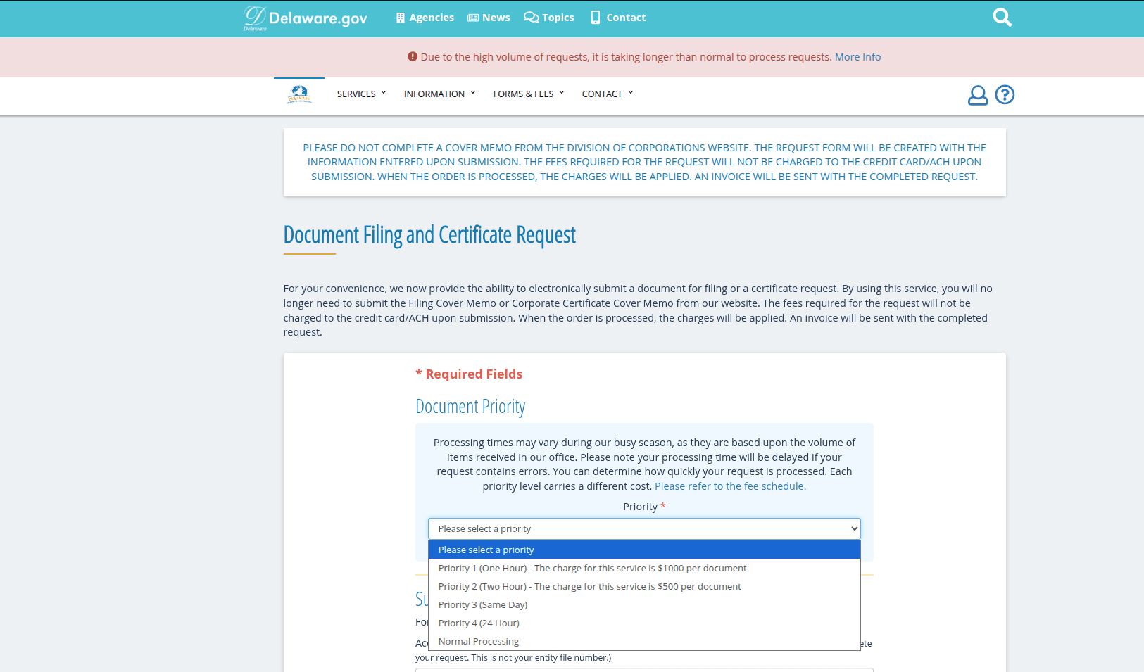 LLC filing fee and processing options shown during DIY state filing