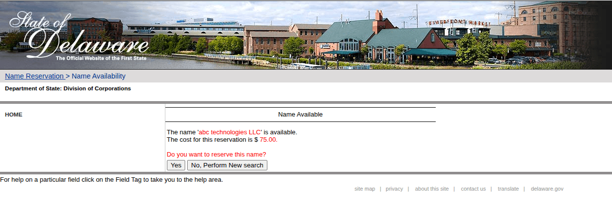 LLC name availability confirmation showing the name is free to register