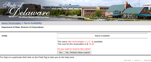 LLC name availability confirmation showing the name is free to register