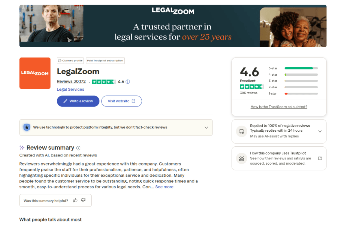 LegalZoom Trustpilot ratings