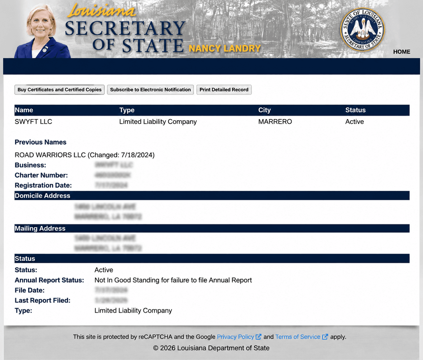 Louisiana Business Entity Record Page