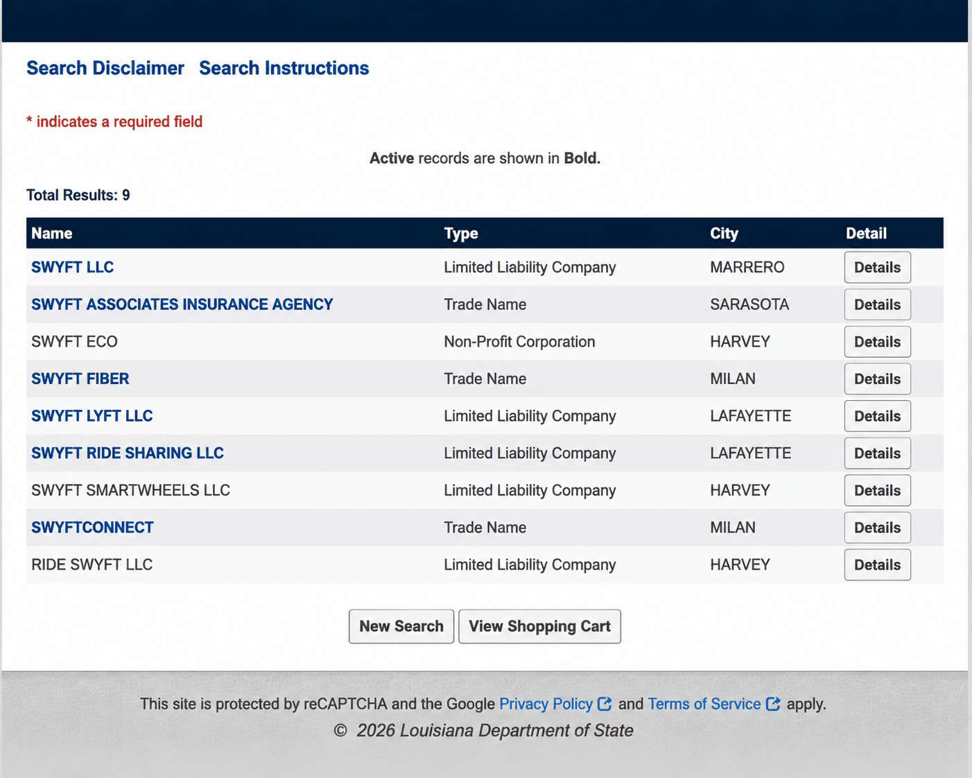 Louisiana Business Records Search Results