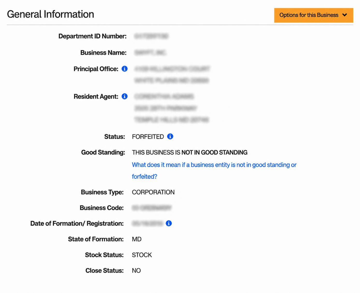 Maryland entity profile page