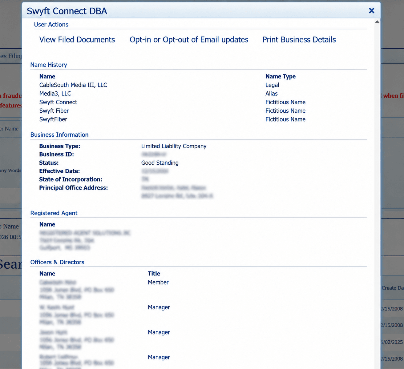 Mississippi entity details page showing Business ID, status, registered agent, and officers