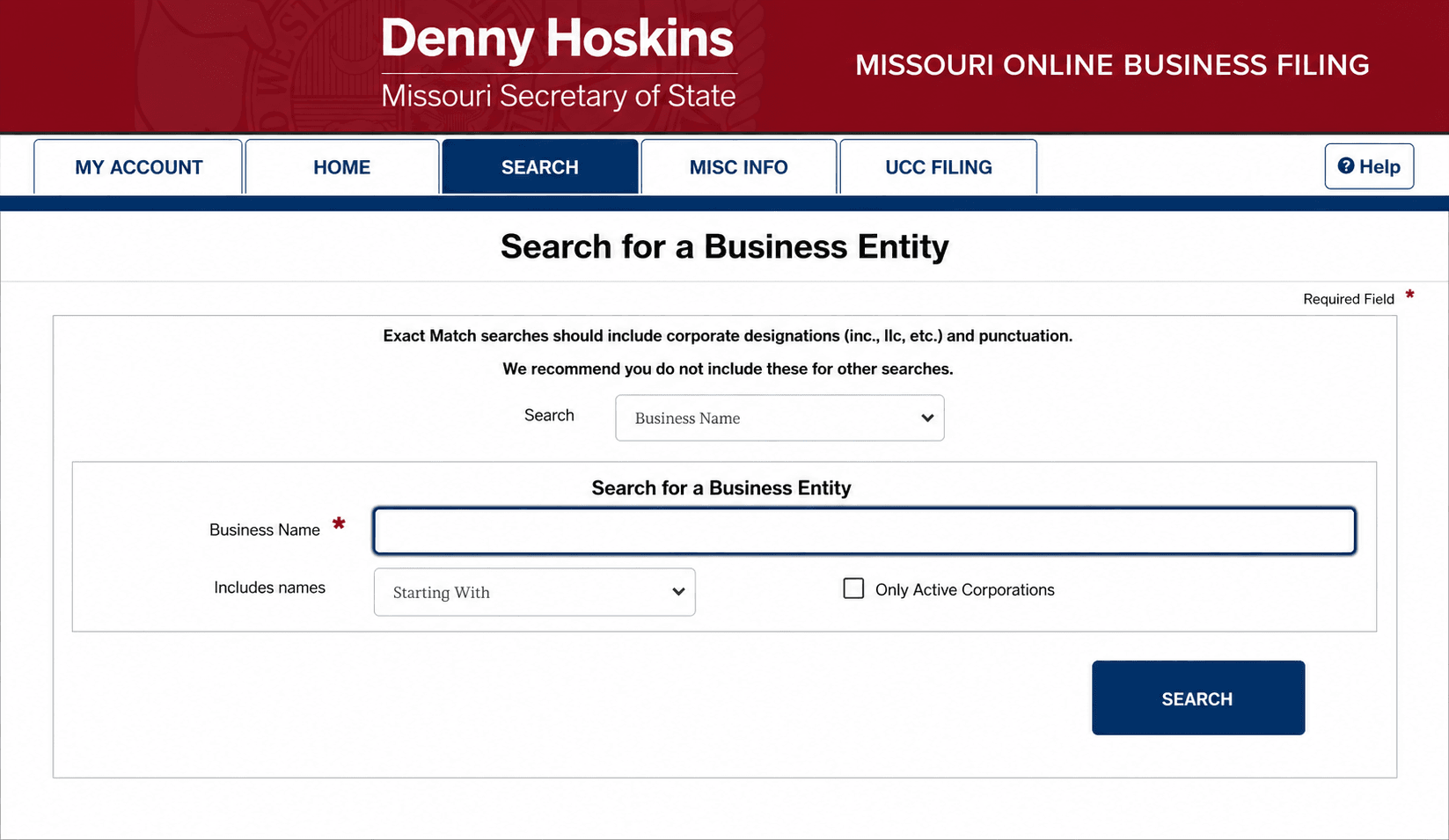 Missouri Business Filing Search Page