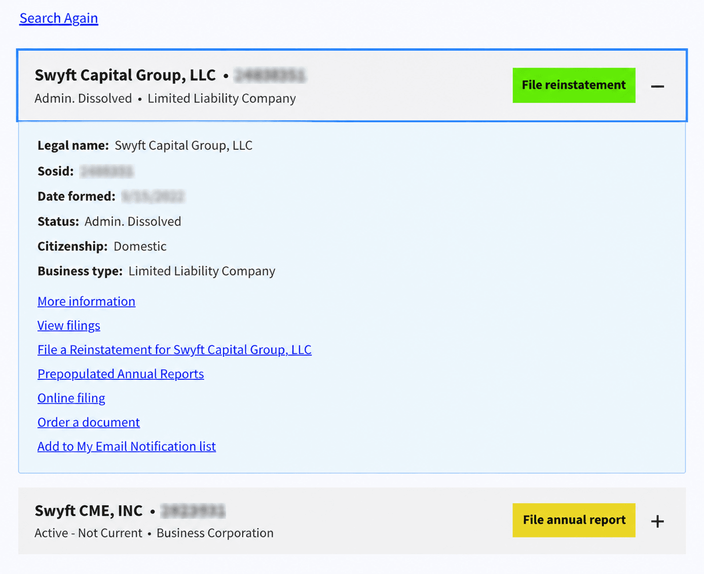 North Carolina entity record showing SOSID, status, registered agent, and document filings