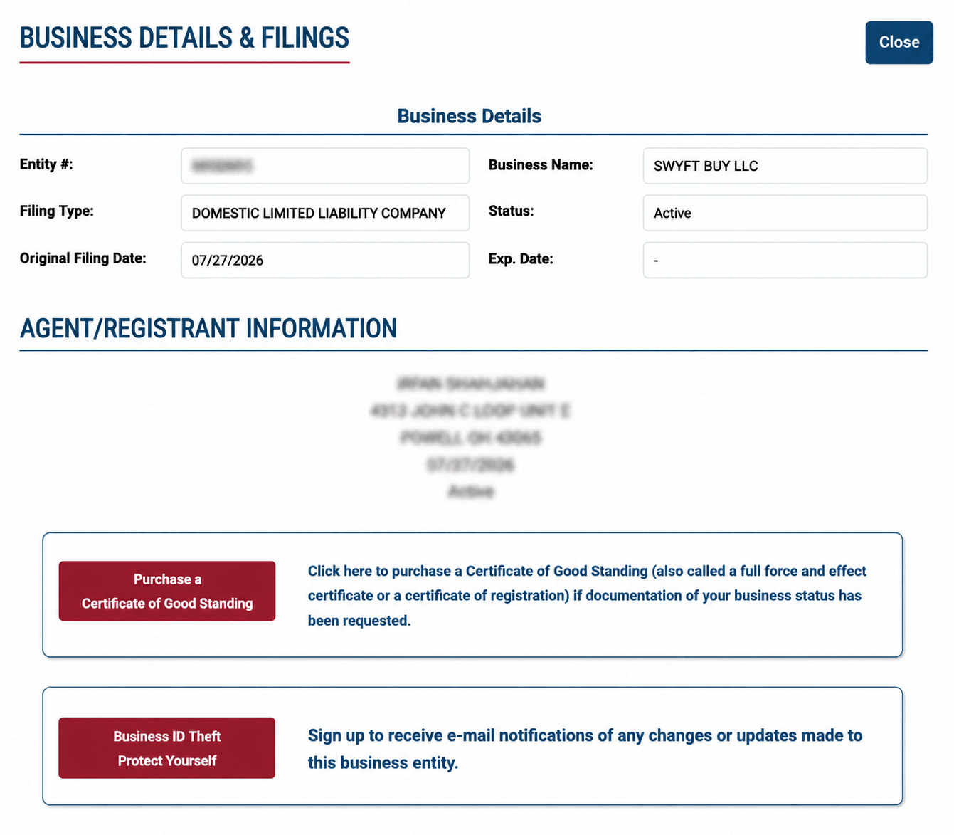 Ohio business details page