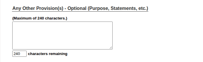 Florida Articles of Organization form showing the optional additional provisions field for business purpose or statements