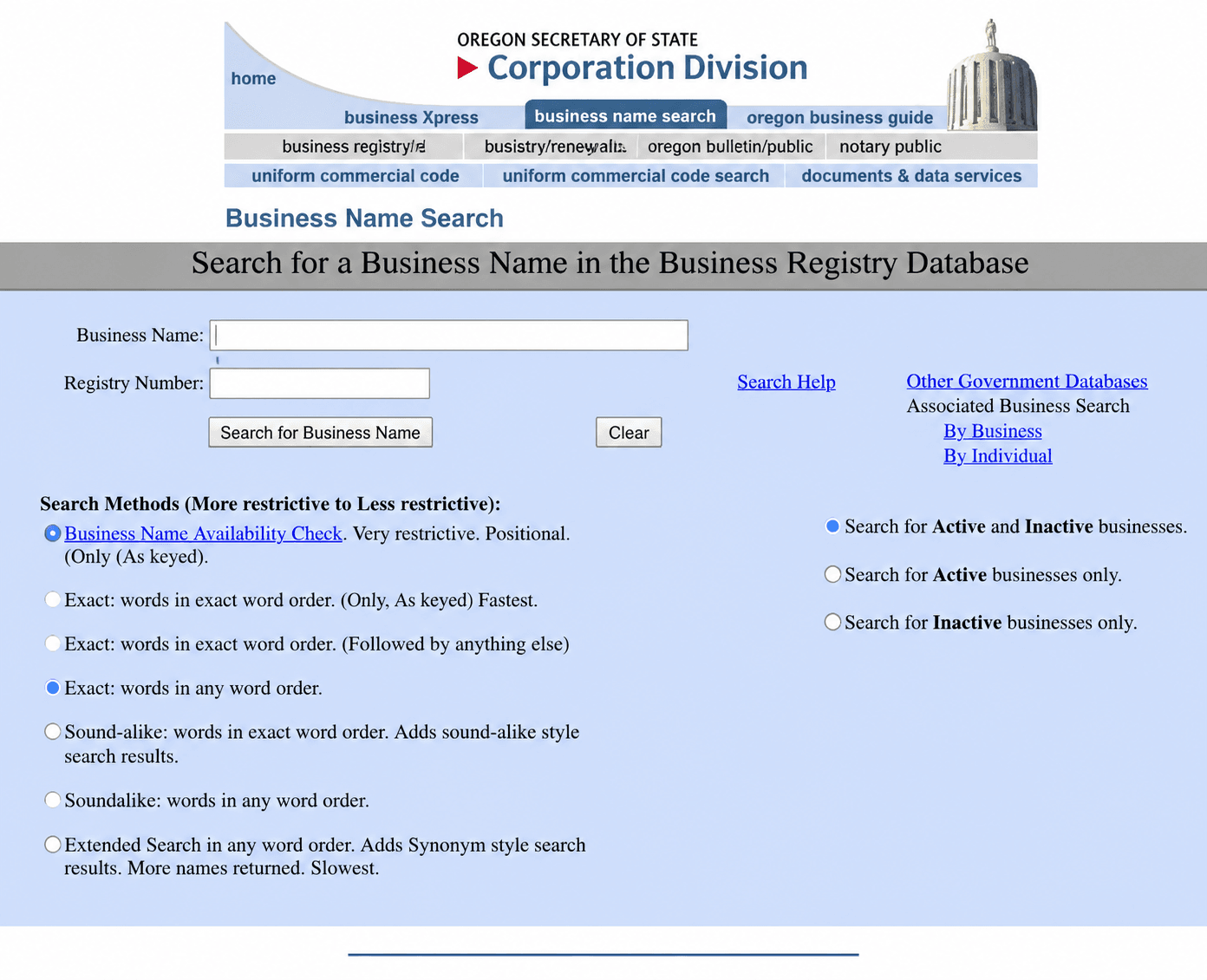 Oregon Business Name Search Page