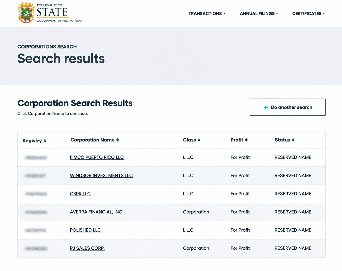 Puerto Rico Corporation Search Results