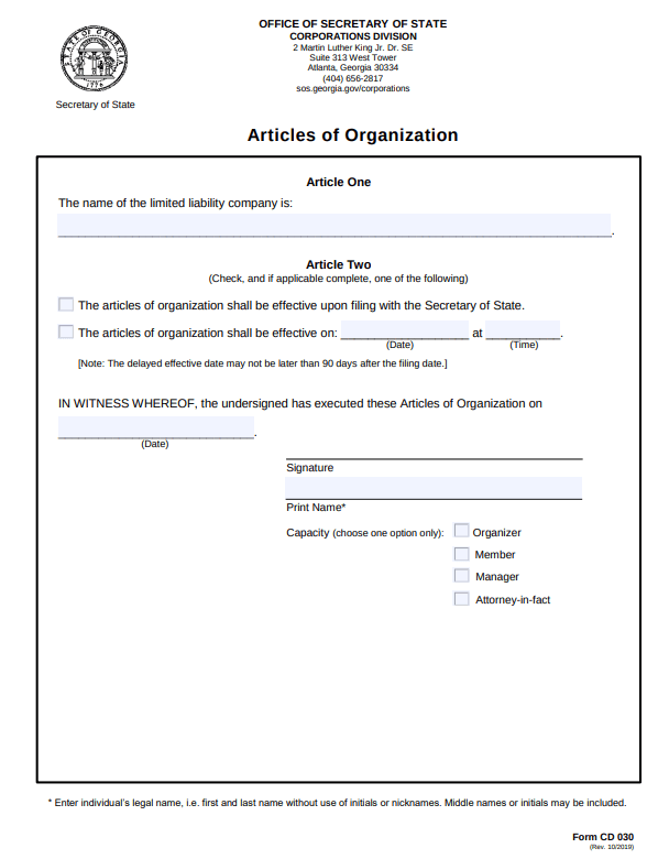 Register Your Georgia LLC by Filing the Articles of Organization
