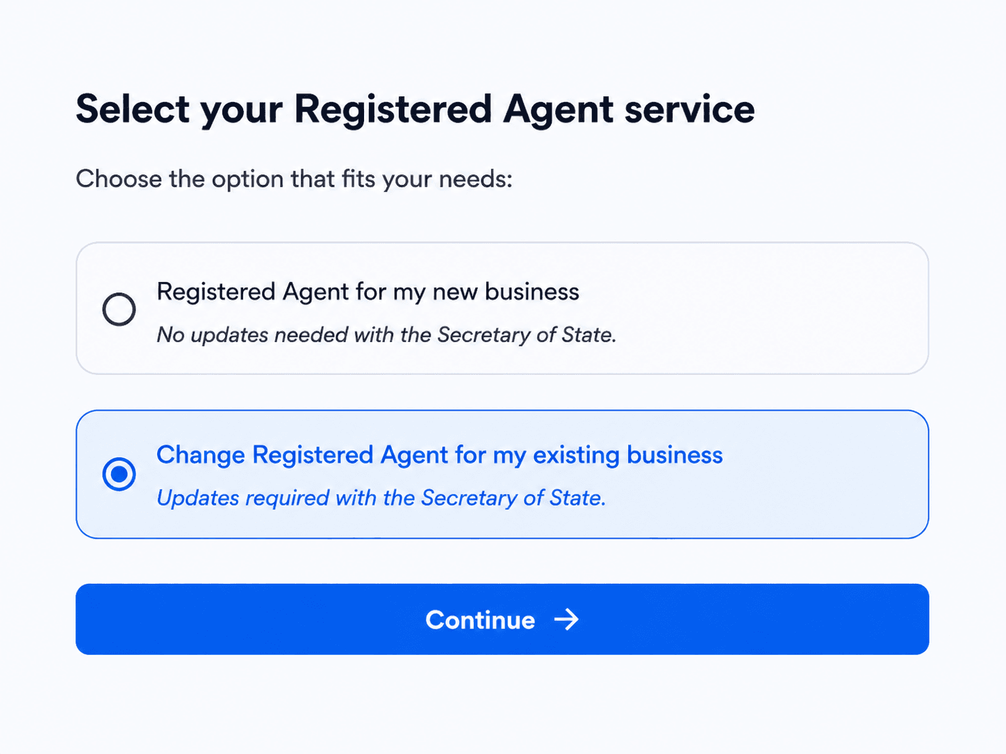 Registered Agent Selection Screen