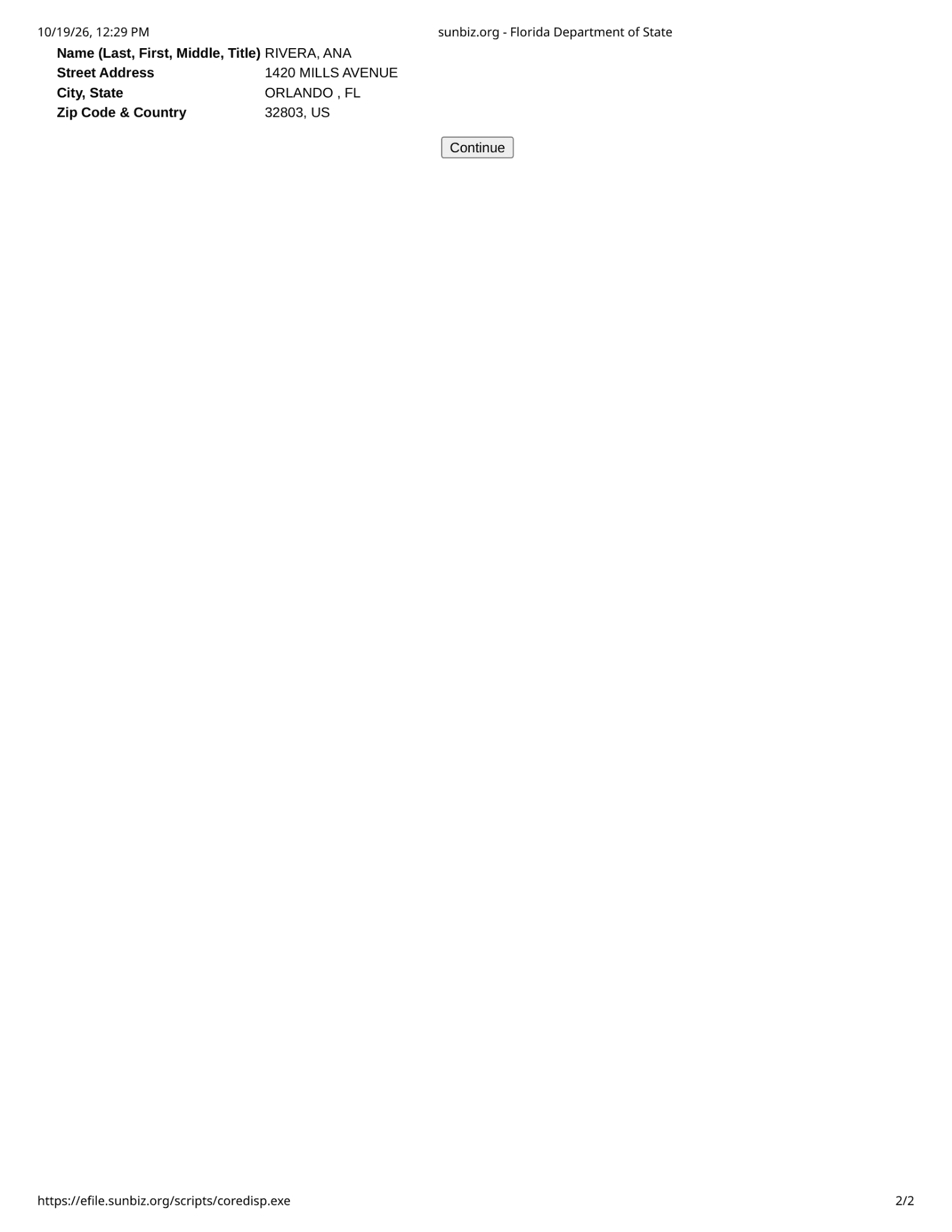 Florida Sunbiz filing review showing Rivera Landscaping LLC details, registered agent information, and authorized representative before submission