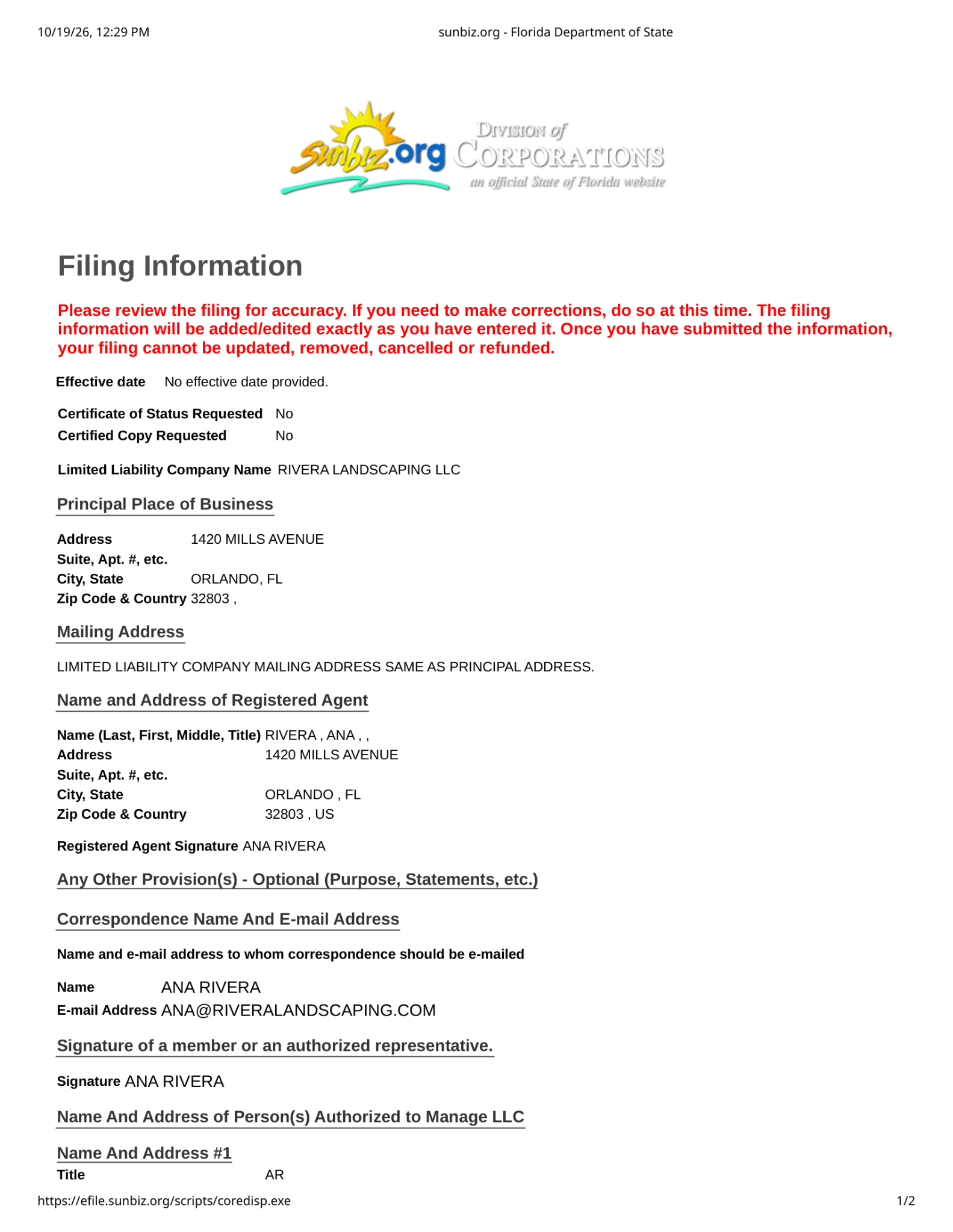 Florida Sunbiz filing review showing Rivera Landscaping LLC details, registered agent information, and authorized representative before submission