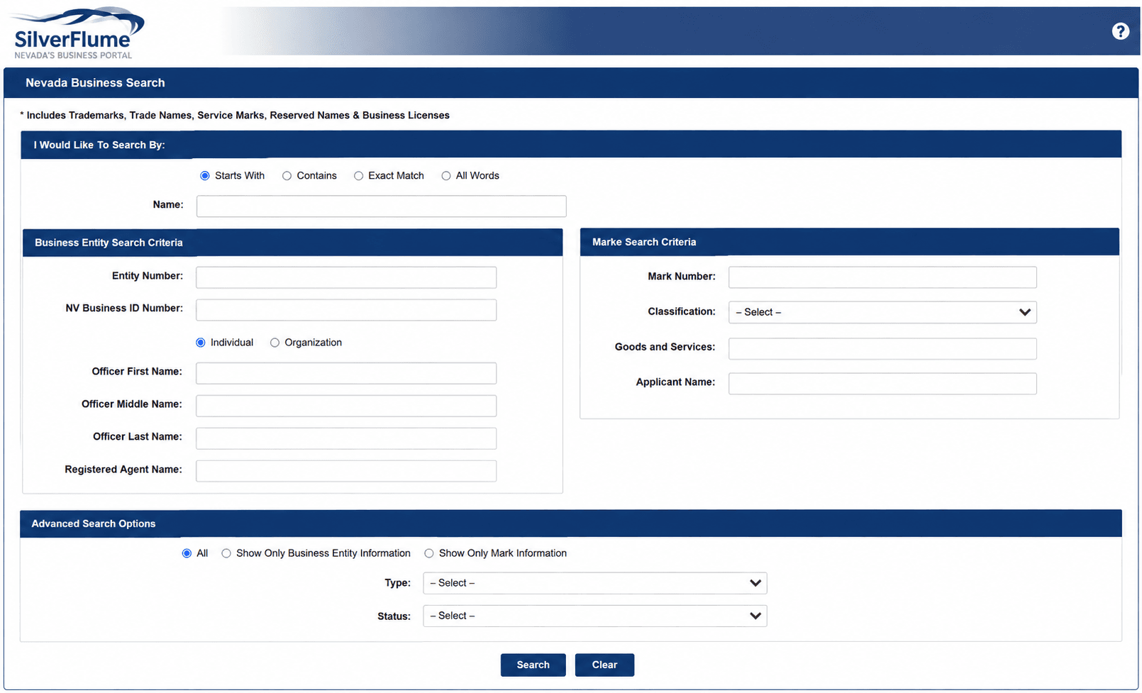 SilverFlume Nevada Business Search Interface