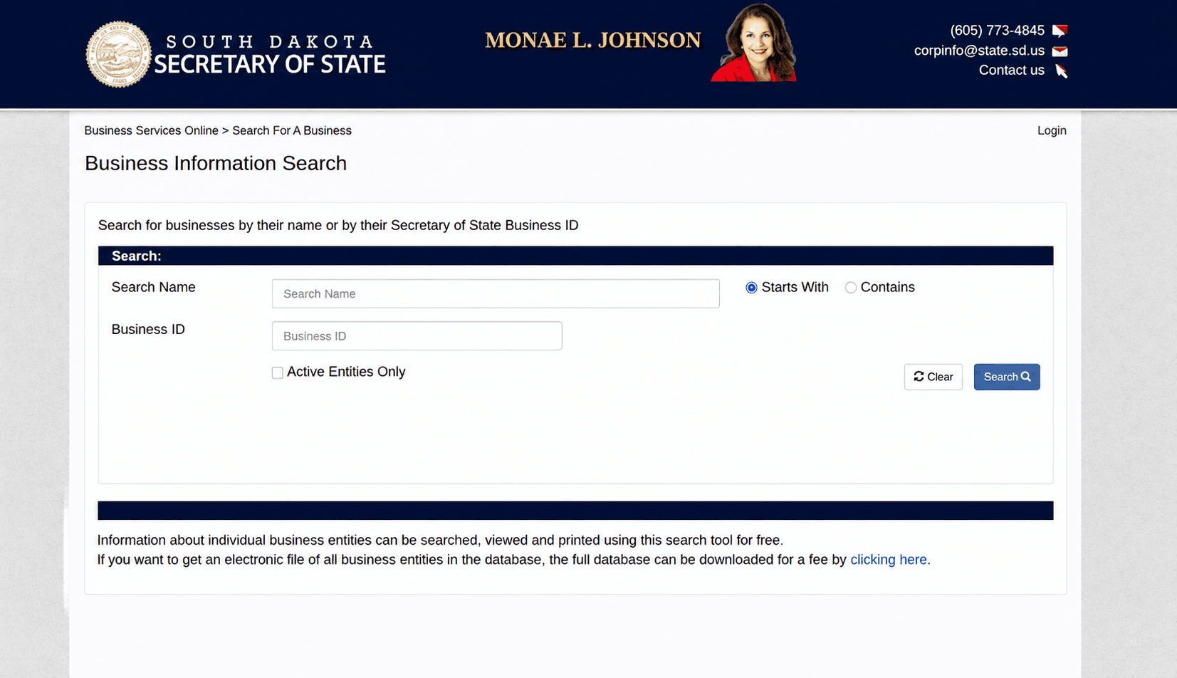 South Dakota Secretary of State FilingSearch page