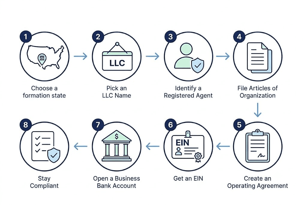 Step-by-step process to start an LLC for an online business.