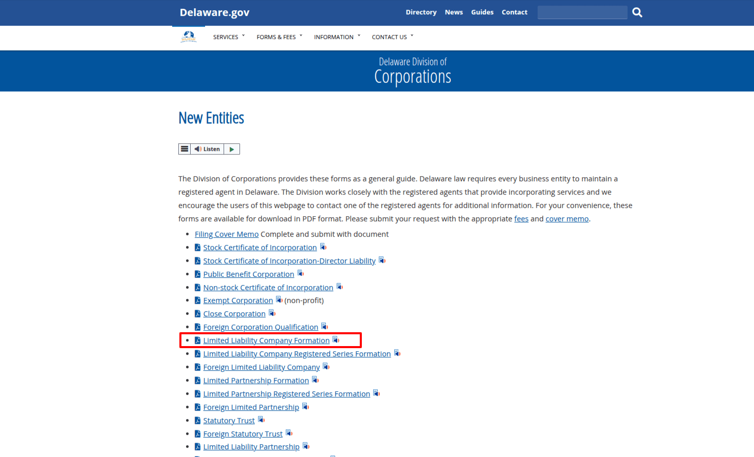 The New Entities page showing the list of form types