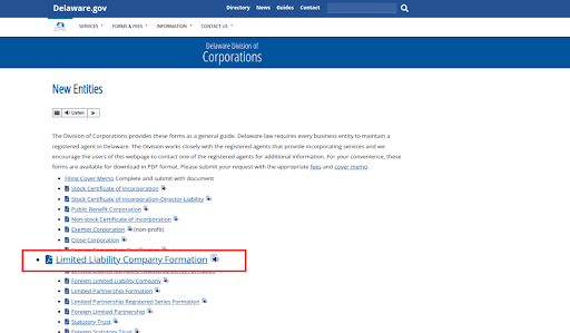 The New Entities page showing the list of form types.