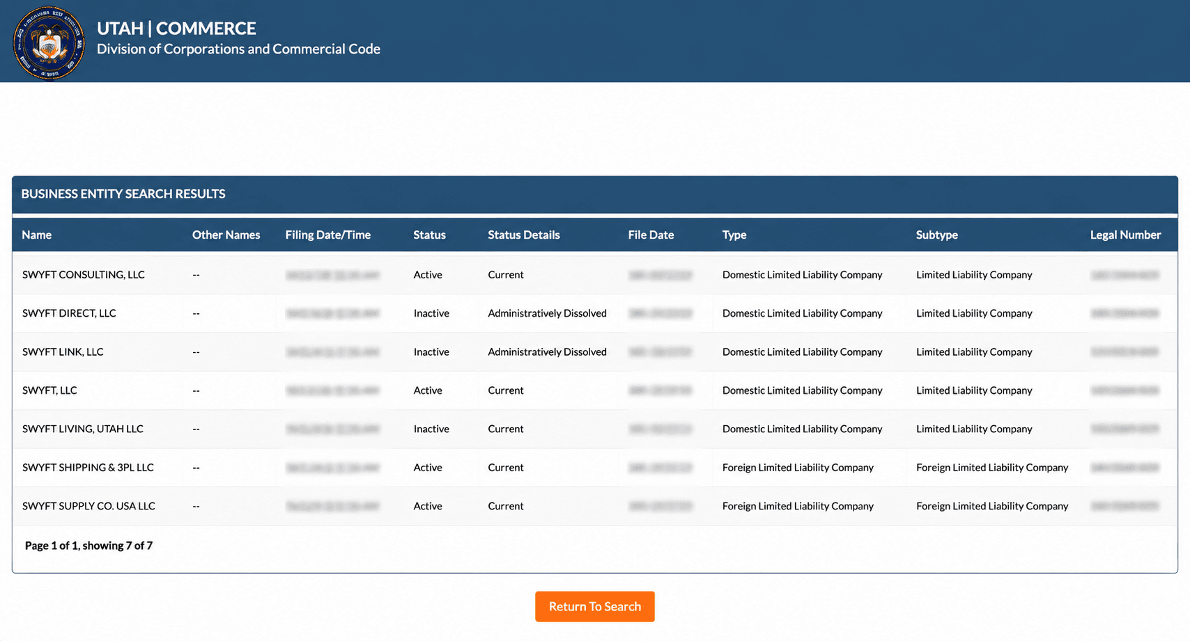 Utah Business Entity Search Results