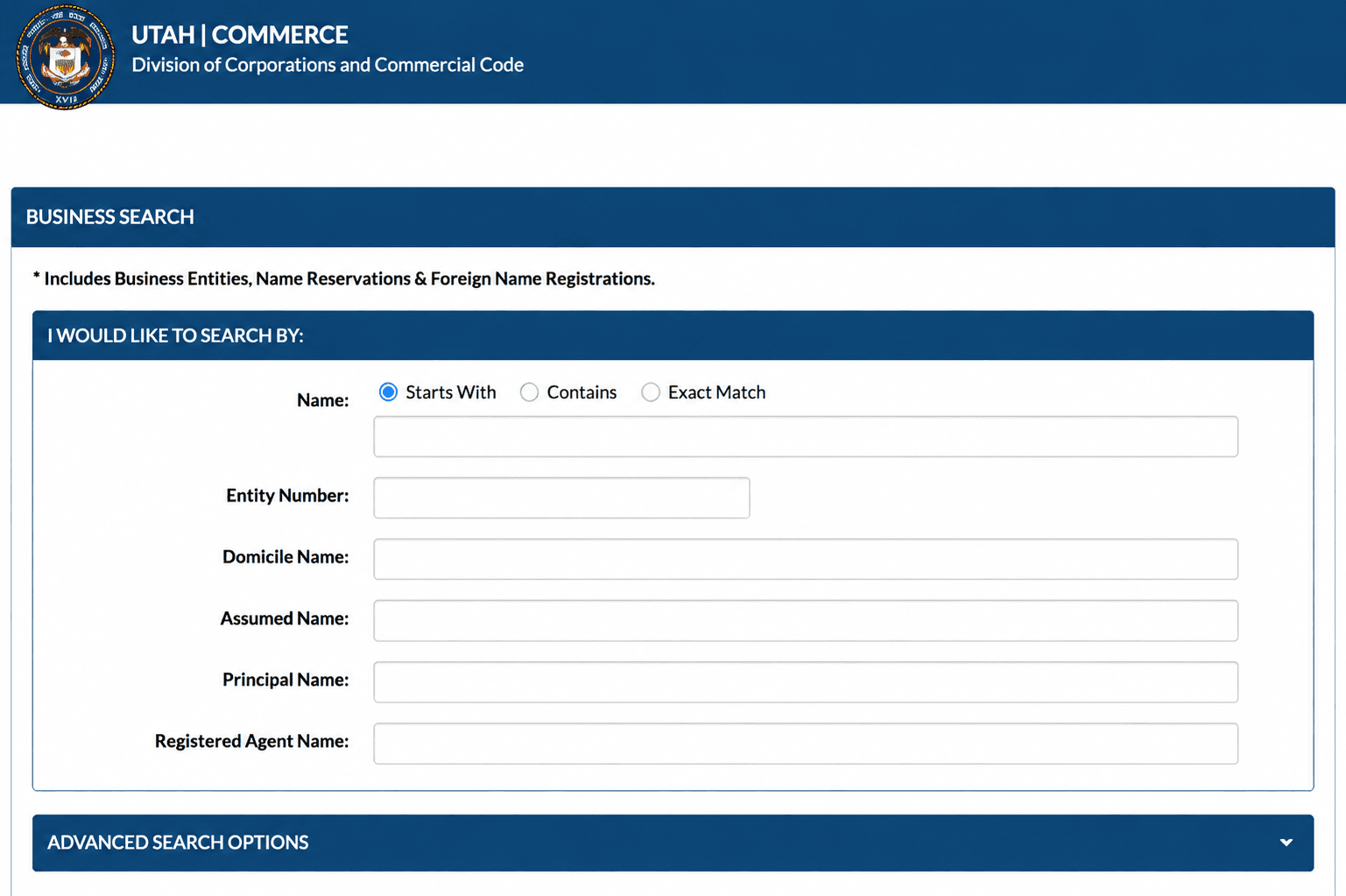 Utah Commerce Business Search Form