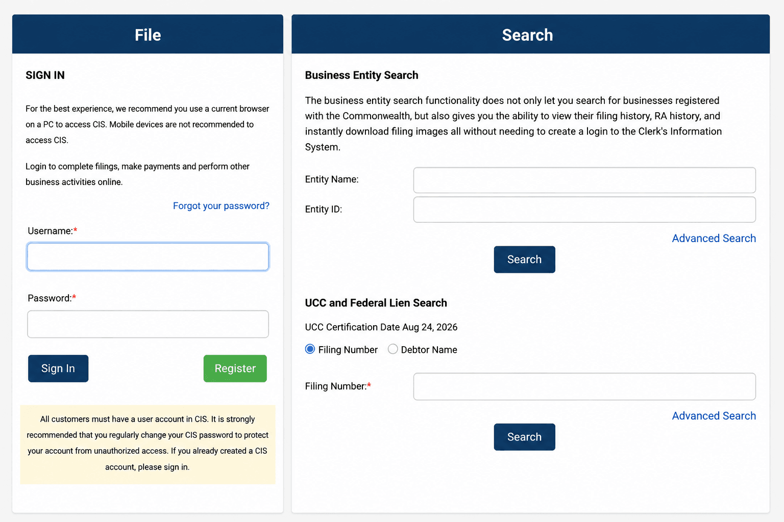 Virginia CIS Business Entity Search page showing Standard Search