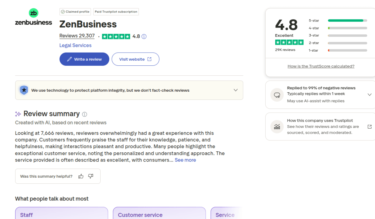 Zen Business Trustpilot rating